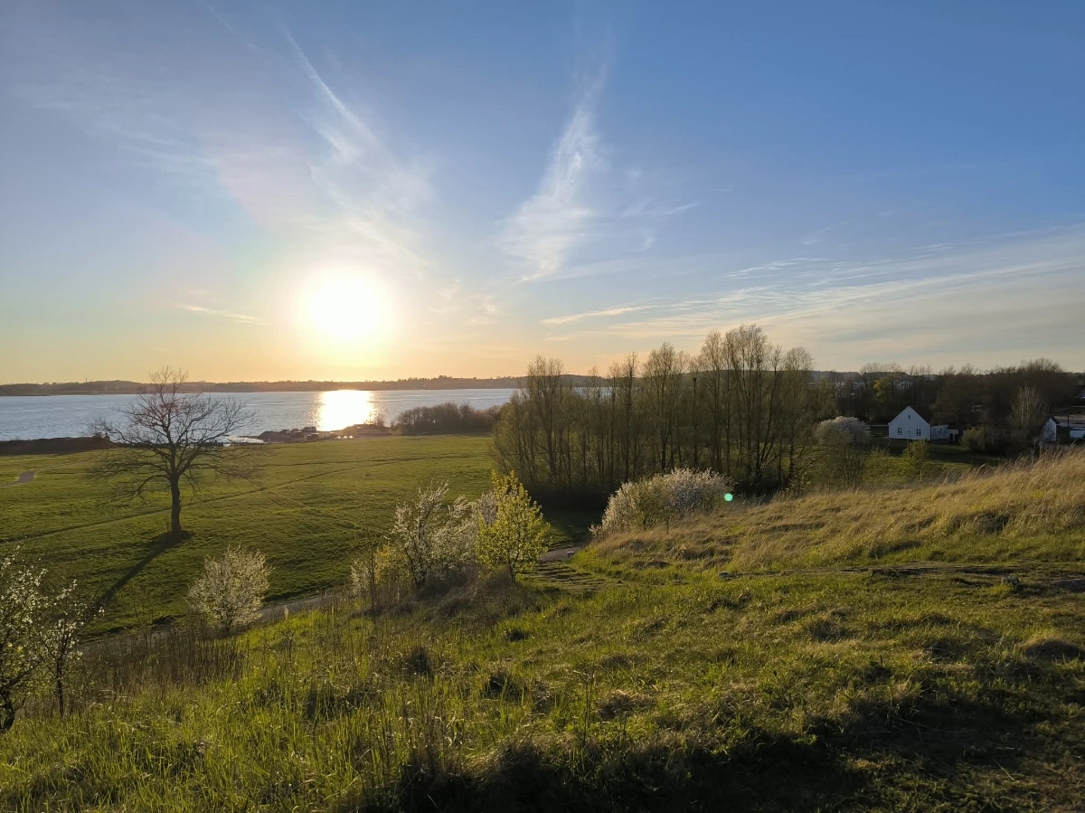 Marbæk Strandpark i forårssol med udsigt over fjorden